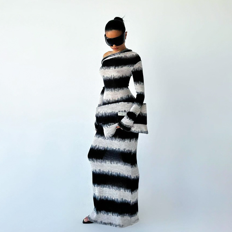 Asymmetrical One-Shoulder Draped Collar Long Sleeve  Abstract Watercolor Black & White Striped Maxi Dress