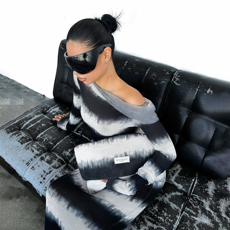 Asymmetrical One-Shoulder Draped Collar Long Sleeve  Abstract Watercolor Black & White Striped Maxi Dress