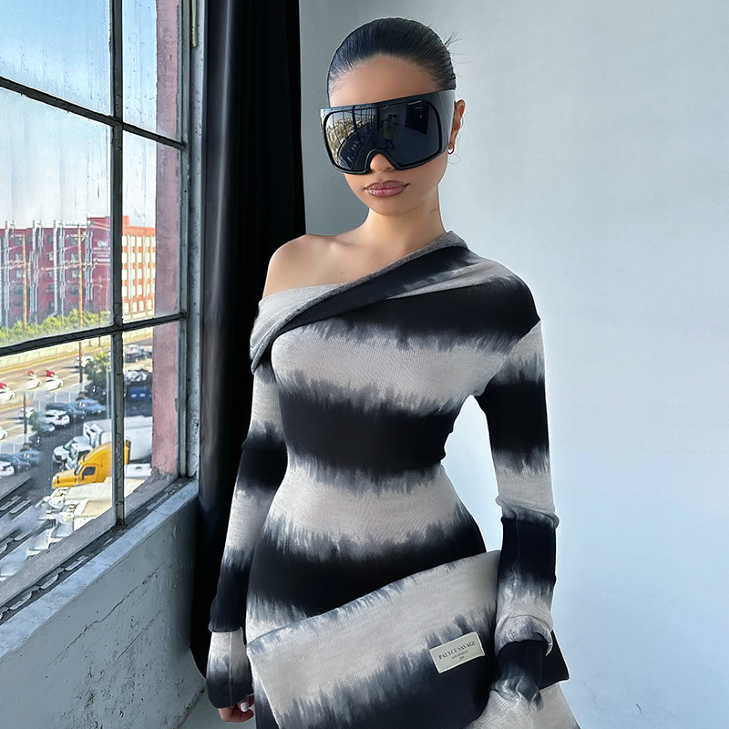 Asymmetrical One-Shoulder Draped Collar Long Sleeve  Abstract Watercolor Black & White Striped Maxi Dress