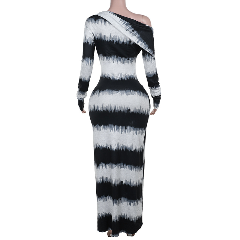 Asymmetrical One-Shoulder Draped Collar Long Sleeve  Abstract Watercolor Black & White Striped Maxi Dress