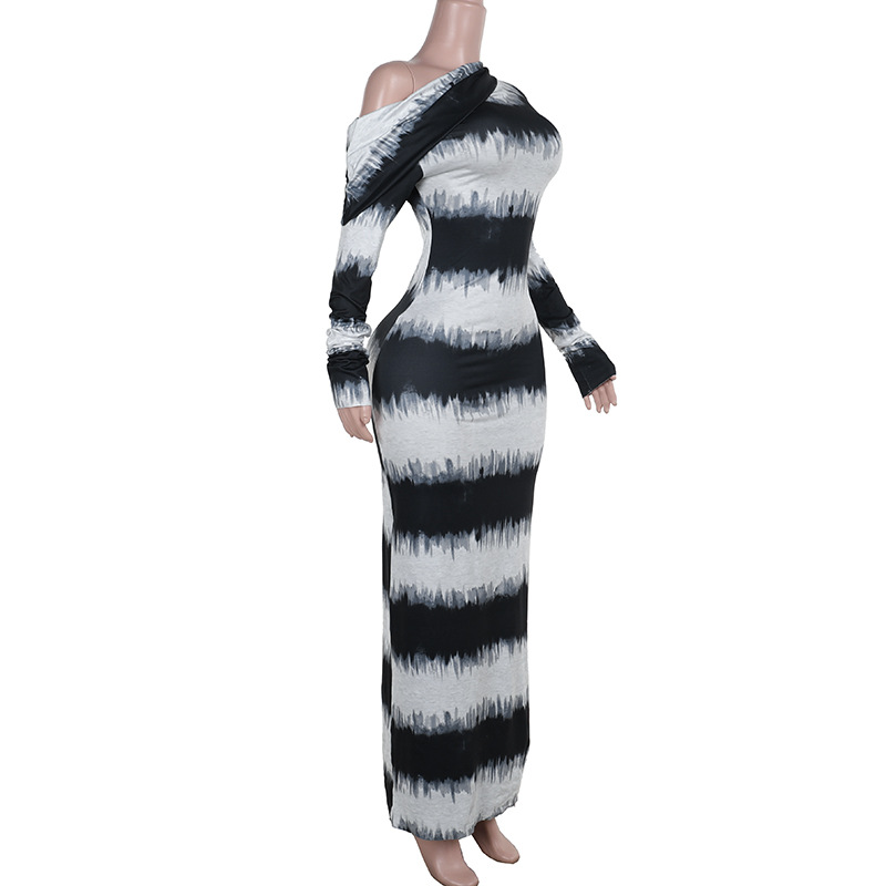 Asymmetrical One-Shoulder Draped Collar Long Sleeve  Abstract Watercolor Black & White Striped Maxi Dress