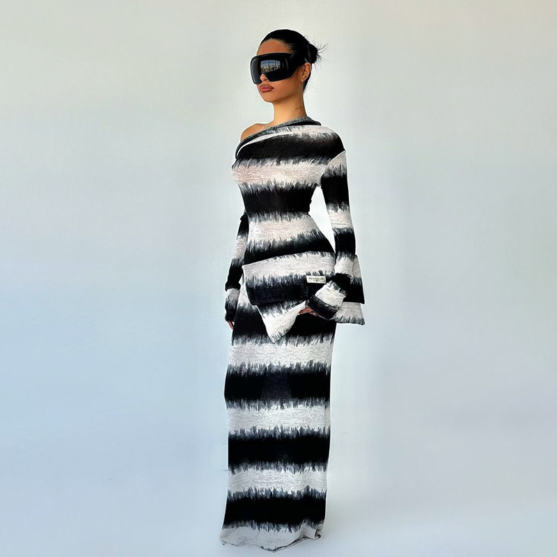 Asymmetrical One-Shoulder Draped Collar Long Sleeve  Abstract Watercolor Black & White Striped Maxi Dress