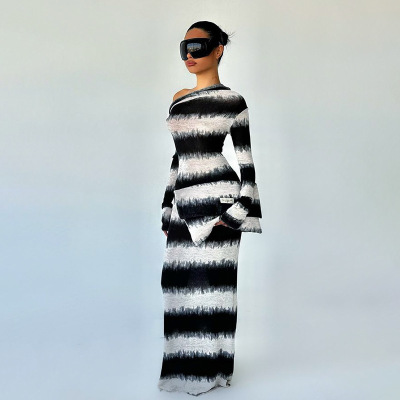 Asymmetrical One-Shoulder Draped Collar Long Sleeve  Abstract Watercolor Black & White Striped Maxi Dress 02