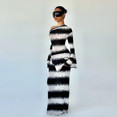 Asymmetrical One-Shoulder Draped Collar Long Sleeve  Abstract Watercolor Black & White Striped Maxi Dress 02