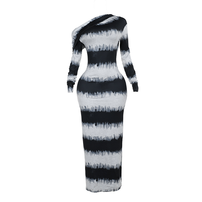 Asymmetrical One-Shoulder Draped Collar Long Sleeve  Abstract Watercolor Black & White Striped Maxi Dress