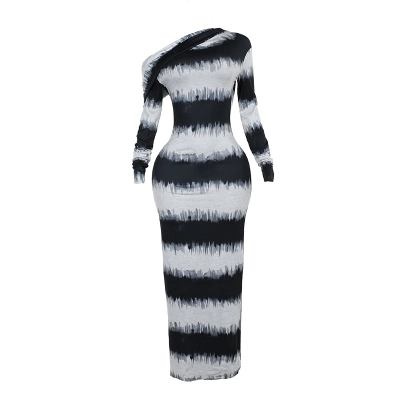 Asymmetrical One-Shoulder Draped Collar Long Sleeve  Abstract Watercolor Black & White Striped Maxi Dress 01