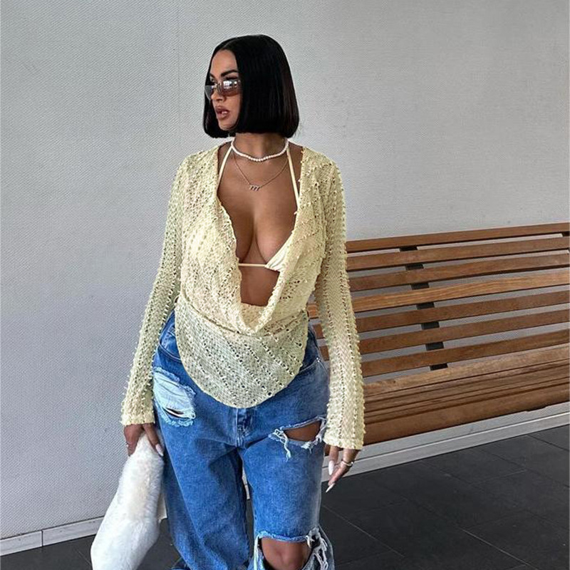 Edgy Halter Neck Long Sleeve Top for Women