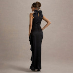 Elegant High-Neck Ruffled Long Dress for Women – Lace Trim, High Slit Bodycon Gown