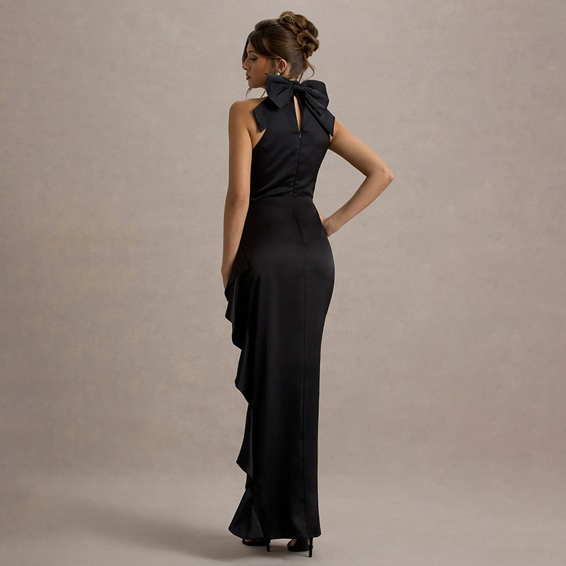 Elegant High-Neck Ruffled Long Dress for Women – Lace Trim, High Slit Bodycon Gown
