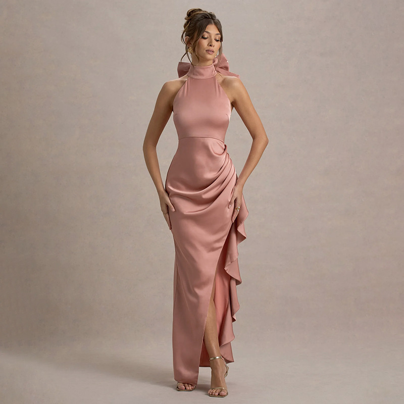 Elegant High-Neck Ruffled Long Dress for Women – Lace Trim, High Slit Bodycon Gown