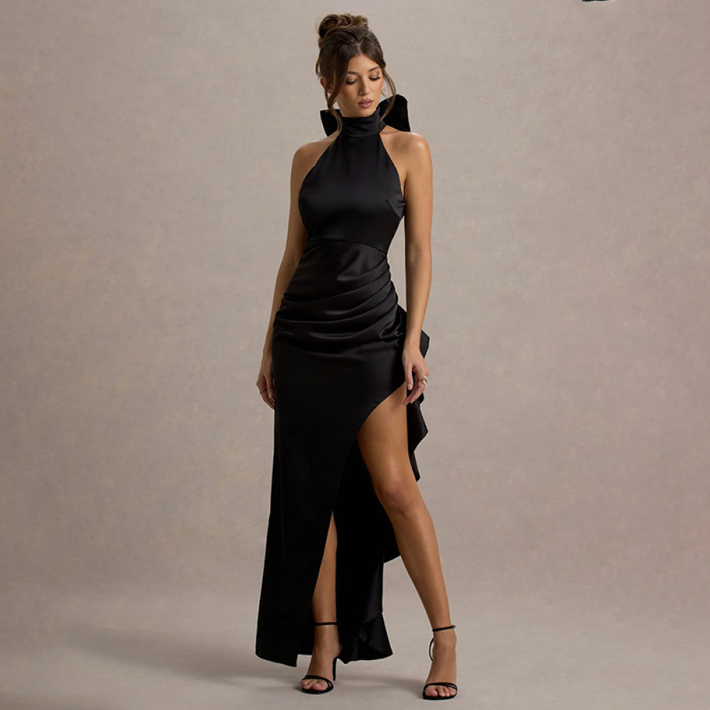 Elegant High-Neck Ruffled Long Dress for Women – Lace Trim, High Slit Bodycon Gown
