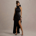 Elegant High-Neck Ruffled Long Dress for Women – Lace Trim, High Slit Bodycon Gown