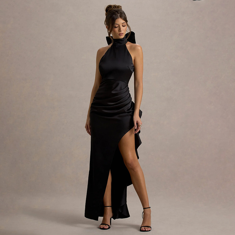 Elegant High-Neck Ruffled Long Dress for Women – Lace Trim, High Slit Bodycon Gown