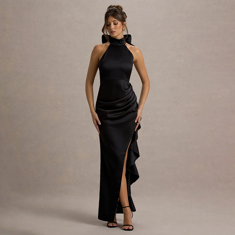 Elegant High-Neck Ruffled Long Dress for Women – Lace Trim, High Slit Bodycon Gown