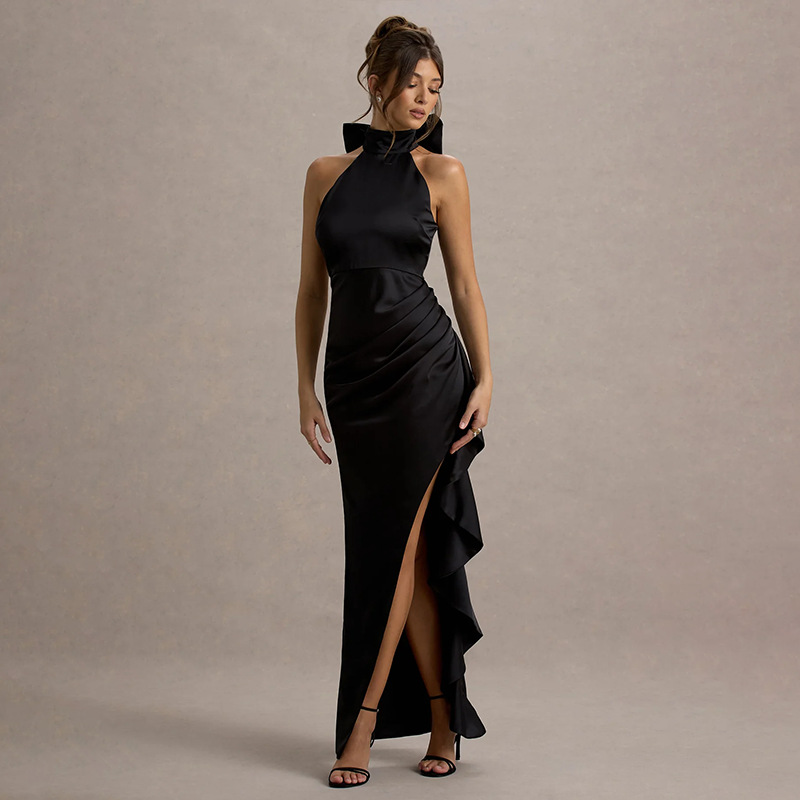 Elegant High-Neck Ruffled Long Dress for Women – Lace Trim, High Slit Bodycon Gown