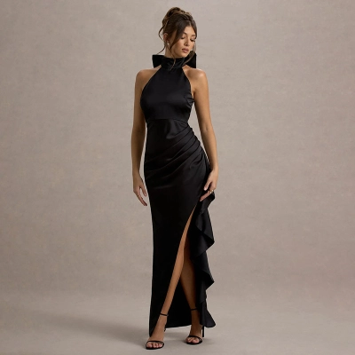 Elegant High-Neck Ruffled Long Dress for Women – Lace Trim, High Slit Bodycon Gown 02