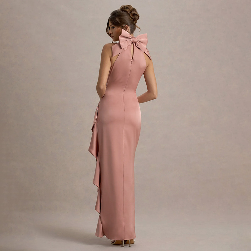 Elegant High-Neck Ruffled Long Dress for Women – Lace Trim, High Slit Bodycon Gown