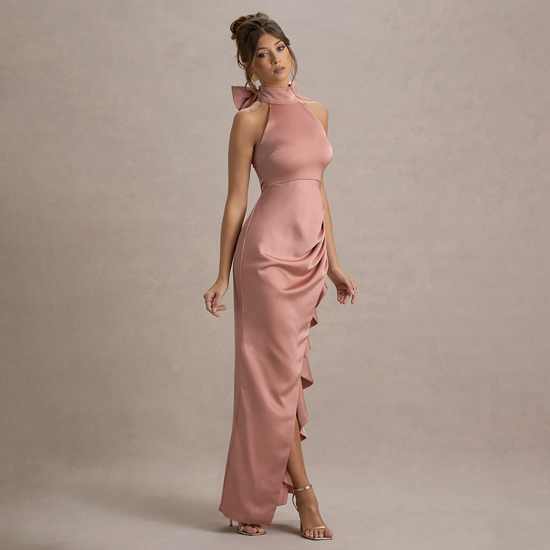 Elegant High-Neck Ruffled Long Dress for Women – Lace Trim, High Slit Bodycon Gown