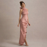 Elegant High-Neck Ruffled Long Dress for Women – Lace Trim, High Slit Bodycon Gown