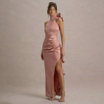 Elegant High-Neck Ruffled Long Dress for Women – Lace Trim, High Slit Bodycon Gown