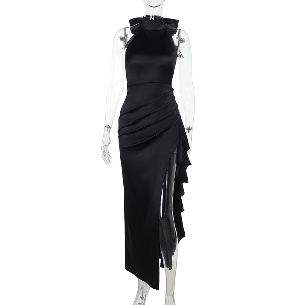 Elegant High-Neck Ruffled Long Dress for Women – Lace Trim, High Slit Bodycon Gown