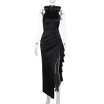 Elegant High-Neck Ruffled Long Dress for Women – Lace Trim, High Slit Bodycon Gown