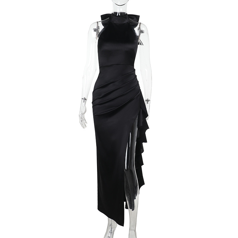 Elegant High-Neck Ruffled Long Dress for Women – Lace Trim, High Slit Bodycon Gown