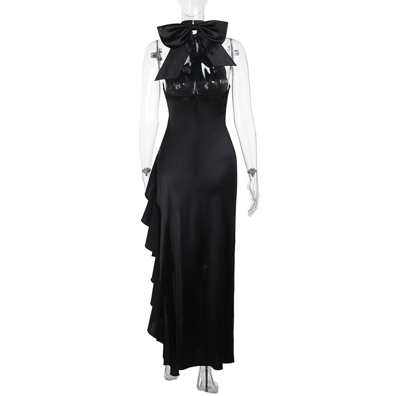 Elegant High-Neck Ruffled Long Dress for Women – Lace Trim, High Slit Bodycon Gown