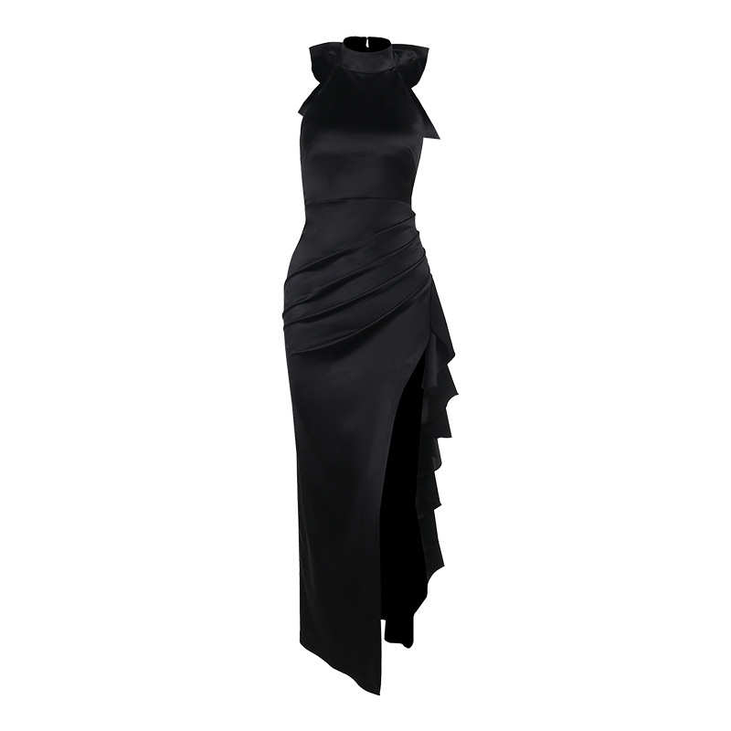 Elegant High-Neck Ruffled Long Dress for Women – Lace Trim, High Slit Bodycon Gown