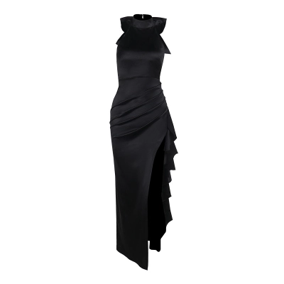 Elegant High-Neck Ruffled Long Dress for Women – Lace Trim, High Slit Bodycon Gown 01