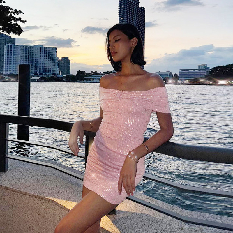 Elegant Sparkly Off-Shoulder Bodycon Shiny Sequin Sheath Mini Dress