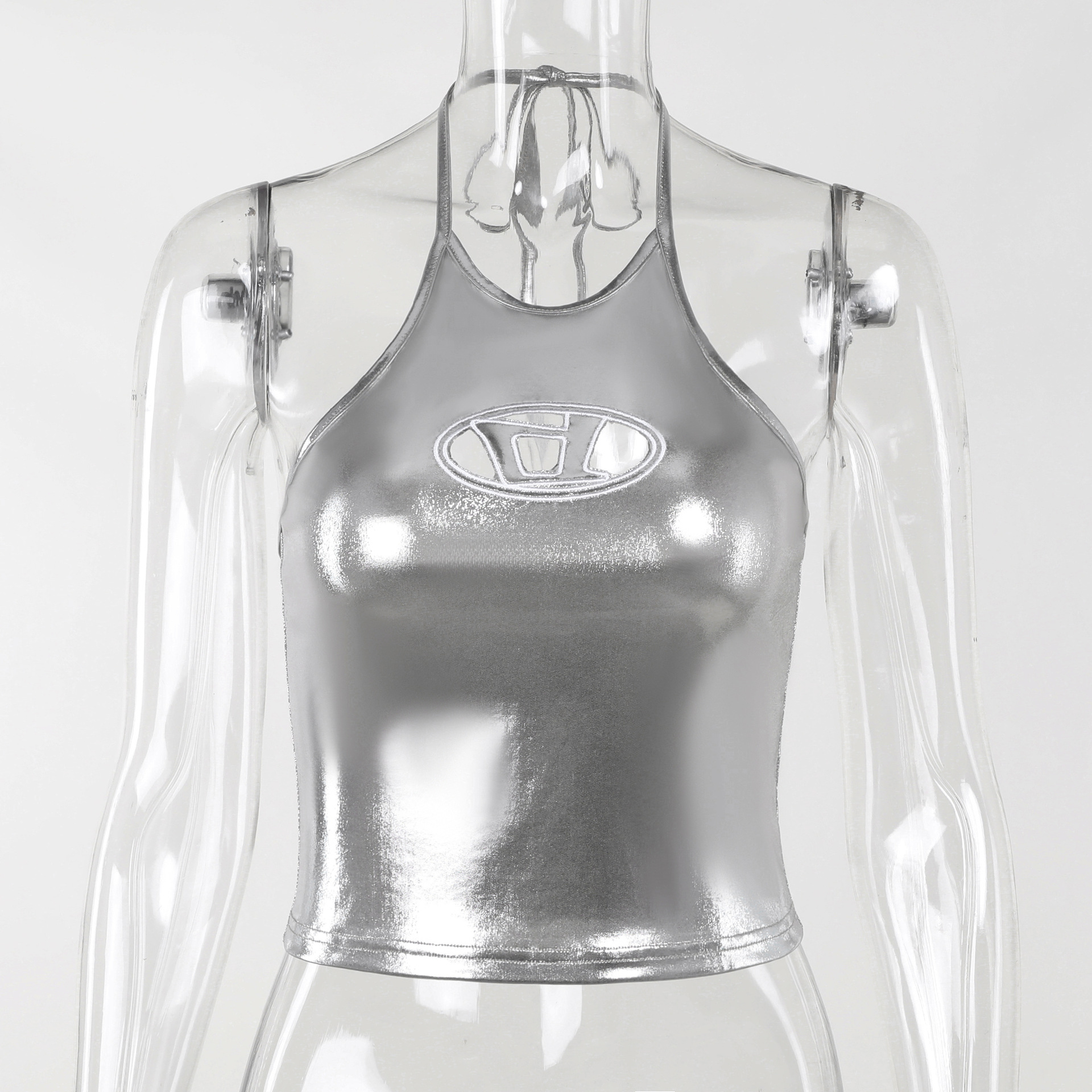 Knit Cropped Halter Top for Women – See-Through Lace Knit