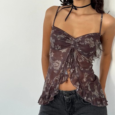 Printed Ruffle Halter Crop Top for Women 02