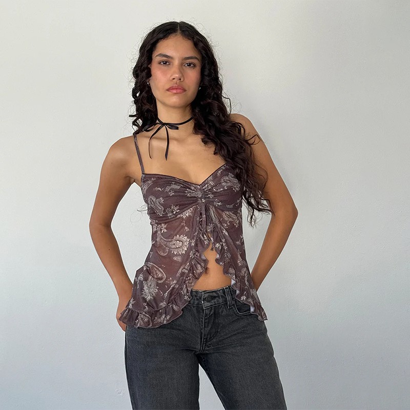 Printed Ruffle Halter Crop Top for Women