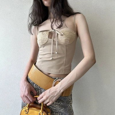 Ruched Halter Bralette with Side Tie Sexy Lace-Trimmed Crop Top  02