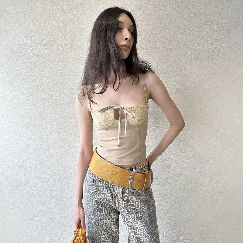 Ruched Halter Bralette with Side Tie Sexy Lace-Trimmed Crop Top 