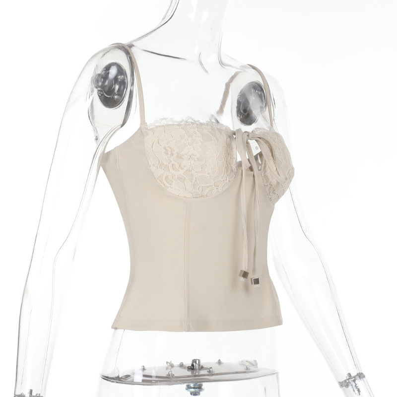 Ruched Halter Bralette with Side Tie Sexy Lace-Trimmed Crop Top 