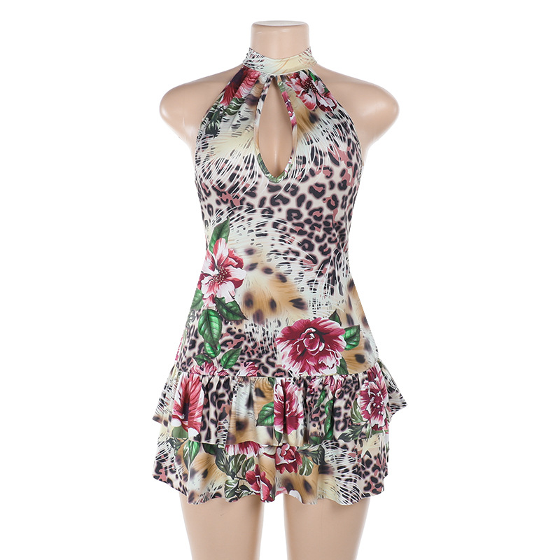 Sexy Halter Neck Backless Tropical Print Ruched Bodycon Mini Dress 