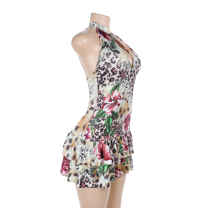 Sexy Halter Neck Backless Tropical Print Ruched Bodycon Mini Dress 