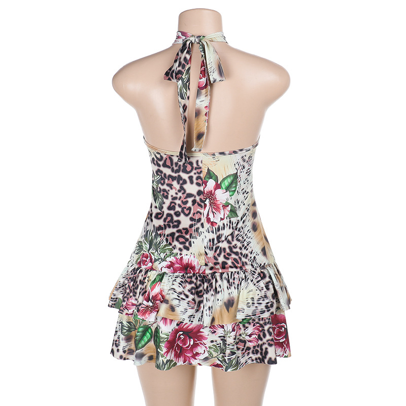 Sexy Halter Neck Backless Tropical Print Ruched Bodycon Mini Dress 