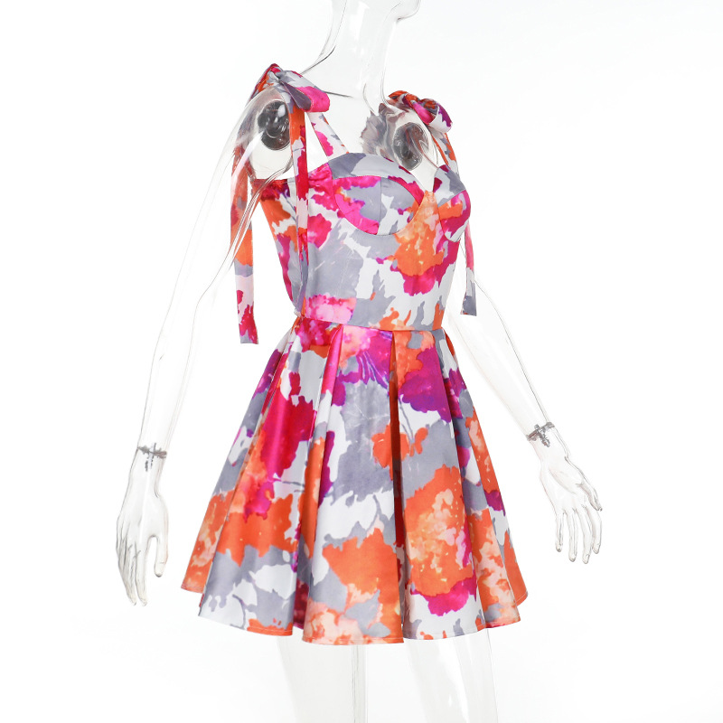 Cute Cinched Waist Summer Floral A-Line Mini Dress 