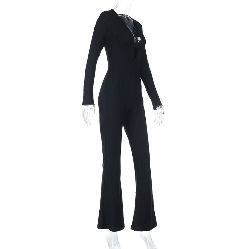 Fitted Athletic Romper for Yoga Lace V-Neck Long Sleeve Jumpsuit 