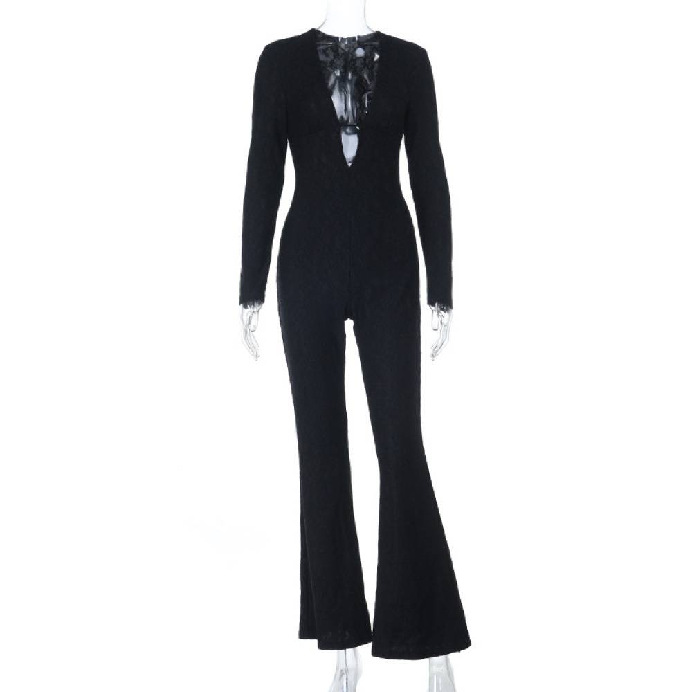 Fitted Athletic Romper for Yoga Lace V-Neck Long Sleeve Jumpsuit 