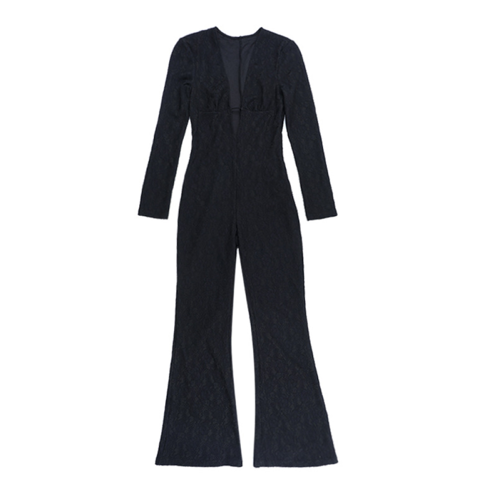 Fitted Athletic Romper for Yoga Lace V-Neck Long Sleeve Jumpsuit 