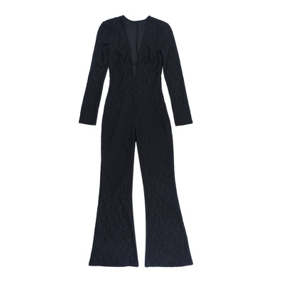 Fitted Athletic Romper for Yoga Lace V-Neck Long Sleeve Jumpsuit  01