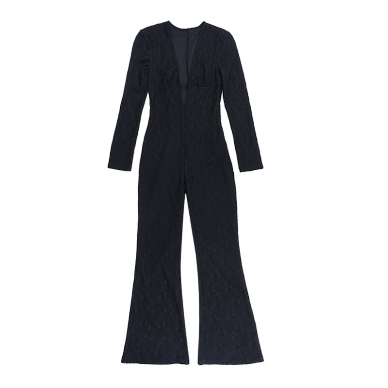 Fitted Athletic Romper for Yoga Lace V-Neck Long Sleeve Jumpsuit 