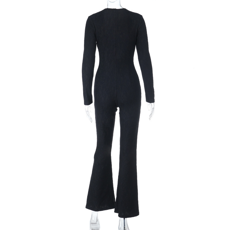 Fitted Athletic Romper for Yoga Lace V-Neck Long Sleeve Jumpsuit 