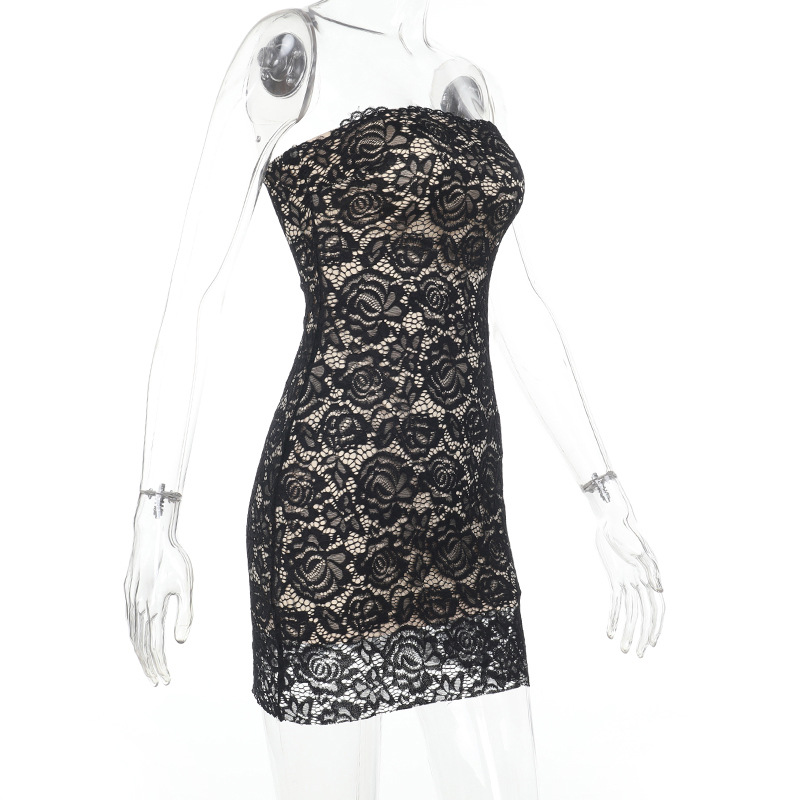 Lace Trim Strapless Cutout Bodycon Dress – Sexy European Style Evening Mini Dress with Sheer Detail