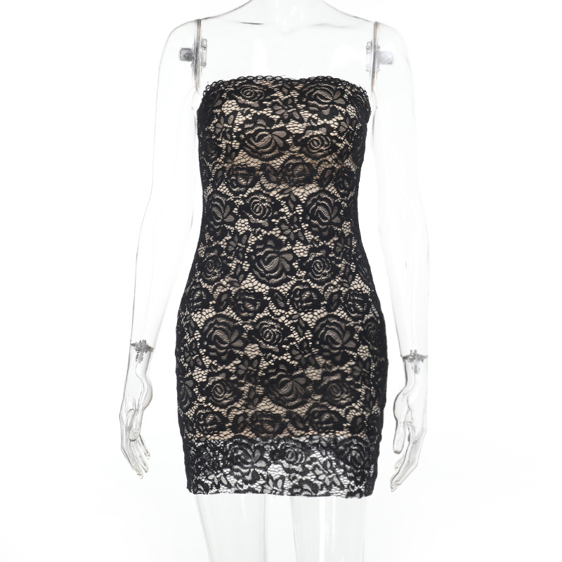 Lace Trim Strapless Cutout Bodycon Dress – Sexy European Style Evening Mini Dress with Sheer Detail