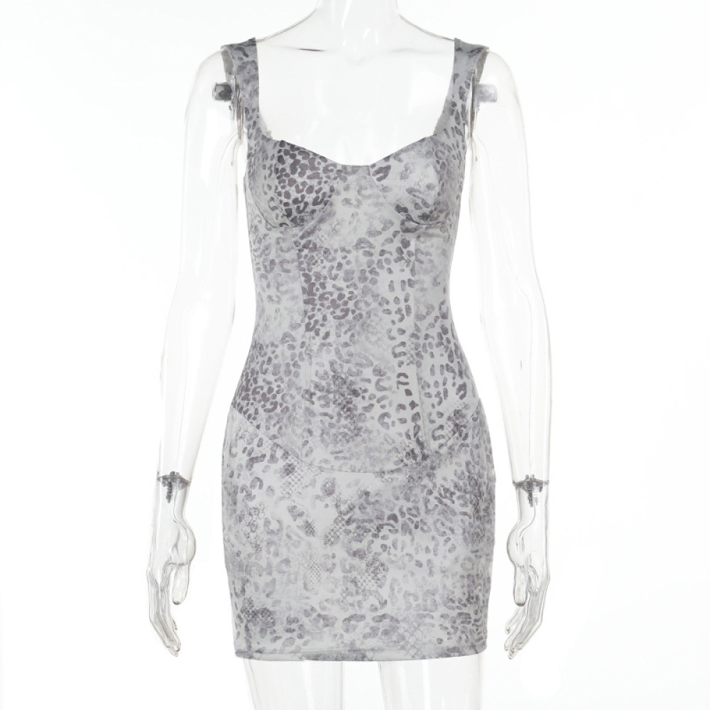Leopard Print Bodycon Mini Dress with Sparkling Rhinestone Neckline
